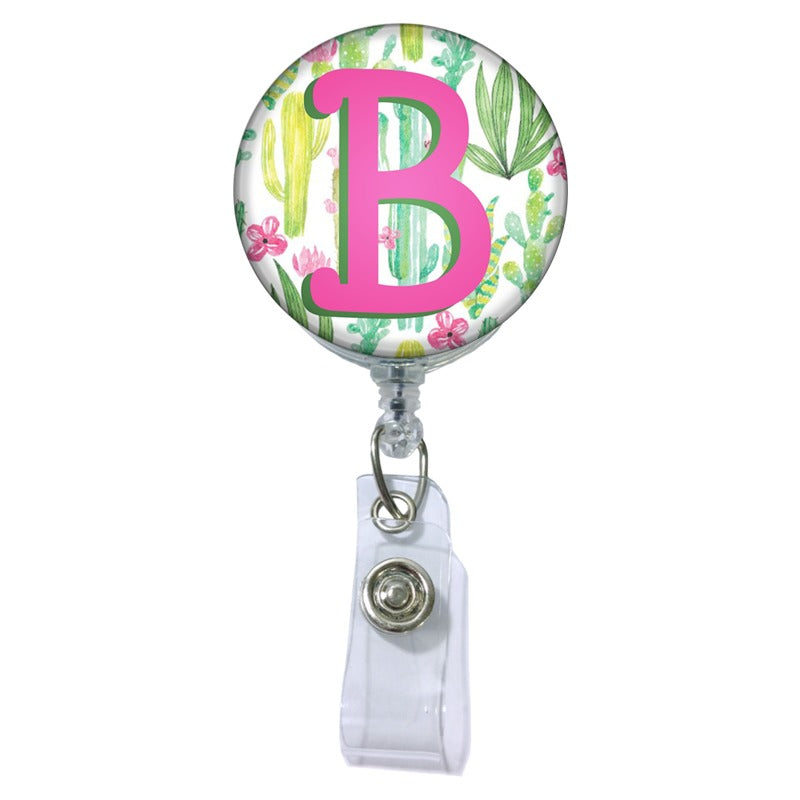 Cactus Initial or Title Button Attached to a Badge Reel – Shop