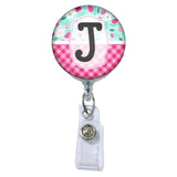Picnic Pattern Initial or Title Button Attached to a Badge Reel