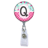 Picnic Pattern Initial or Title Button Attached to a Badge Reel