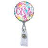 Floral Watercolors Initial or Title Button Attached to a Badge Reel