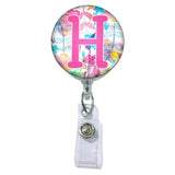 Floral Watercolors Initial or Title Button Attached to a Badge Reel