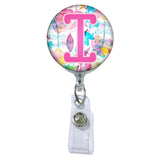 Floral Watercolors Initial or Title Button Attached to a Badge Reel