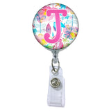 Floral Watercolors Initial or Title Button Attached to a Badge Reel