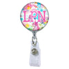 Floral Watercolors Initial or Title Button Attached to a Badge Reel