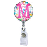 Floral Watercolors Initial or Title Button Attached to a Badge Reel