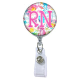 Floral Watercolors Initial or Title Button Attached to a Badge Reel