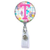 Floral Watercolors Initial or Title Button Attached to a Badge Reel