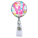 Floral Watercolors Initial or Title Button Attached to a Badge Reel