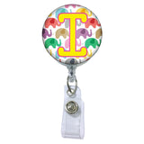 Happy Elephants Initial or Title Button Attached to a Badge Reel