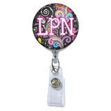 Dark Paisley Initial or Title ATTACHED to a Badge Reel