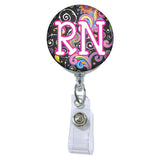 Dark Paisley Initial or Title ATTACHED to a Badge Reel