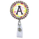 Flamingo Glam Initial or Title Button Attached to a Badge Reel