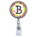 Flamingo Glam Initial or Title Button Attached to a Badge Reel