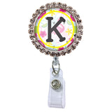 Flamingo Glam Initial or Title Button Attached to a Badge Reel