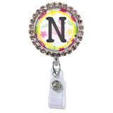 Flamingo Glam Initial or Title Button Attached to a Badge Reel