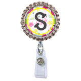 Flamingo Glam Initial or Title Button Attached to a Badge Reel