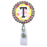 Flamingo Glam Initial or Title Button Attached to a Badge Reel