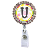 Flamingo Glam Initial or Title Button Attached to a Badge Reel