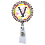 Flamingo Glam Initial or Title Button Attached to a Badge Reel