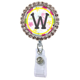 Flamingo Glam Initial or Title Button Attached to a Badge Reel