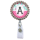 Picnic Glam Initial or Title Button Attached to a Badge Reel